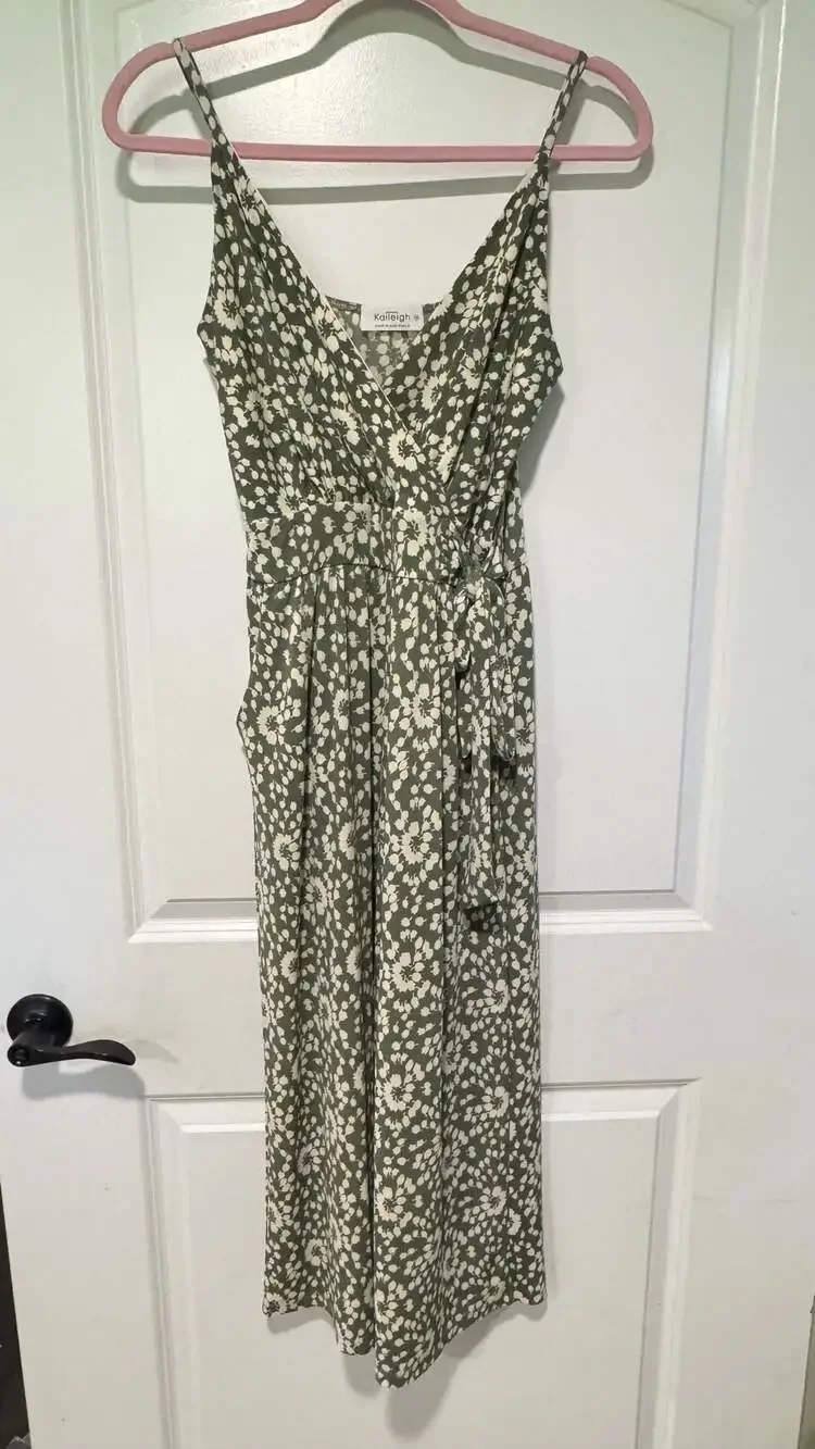Sage Green Floral Wide Leg Jumpsuit Wrap Pockets Vacation Boho Medium